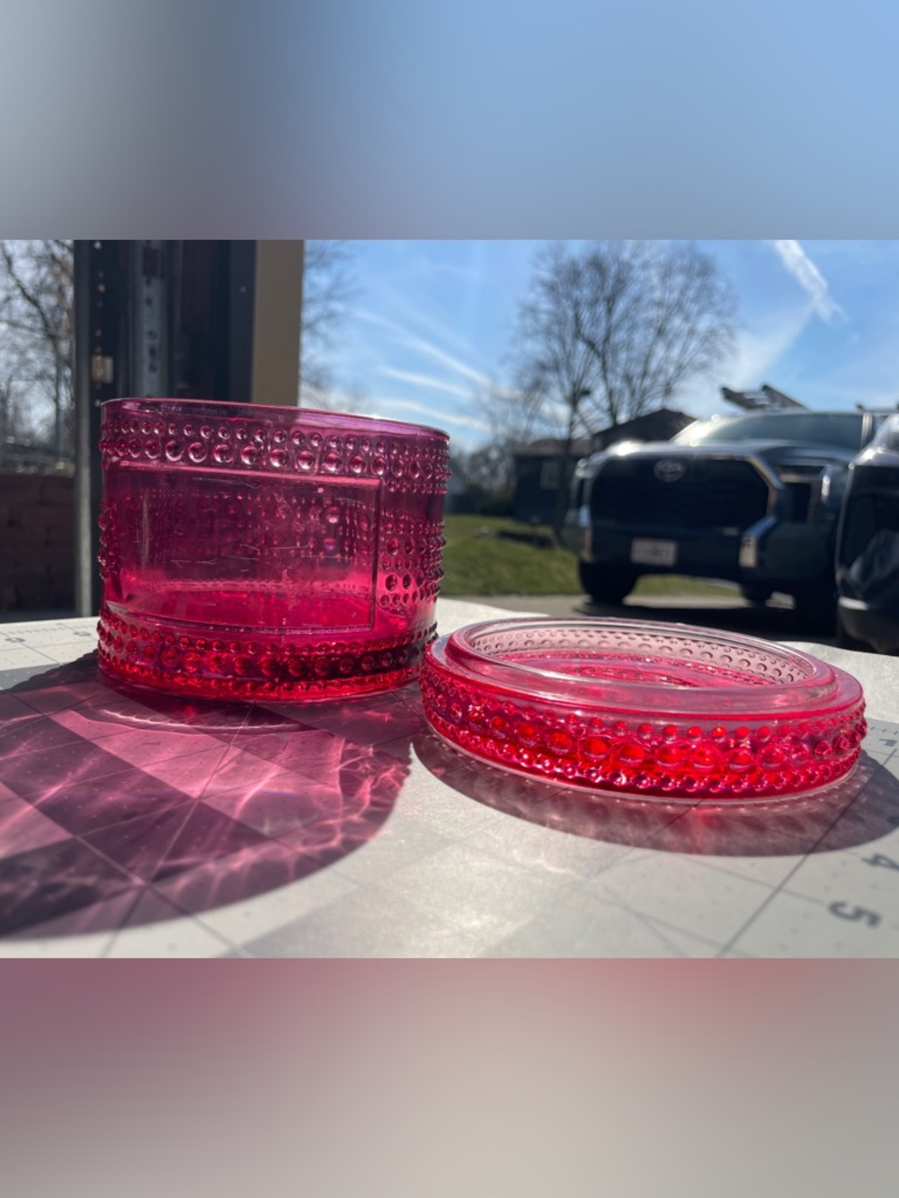 ✨ SOLD✨♥️ Cranberry Red ♥️ Hobnail Glass Candle Jar with Lid